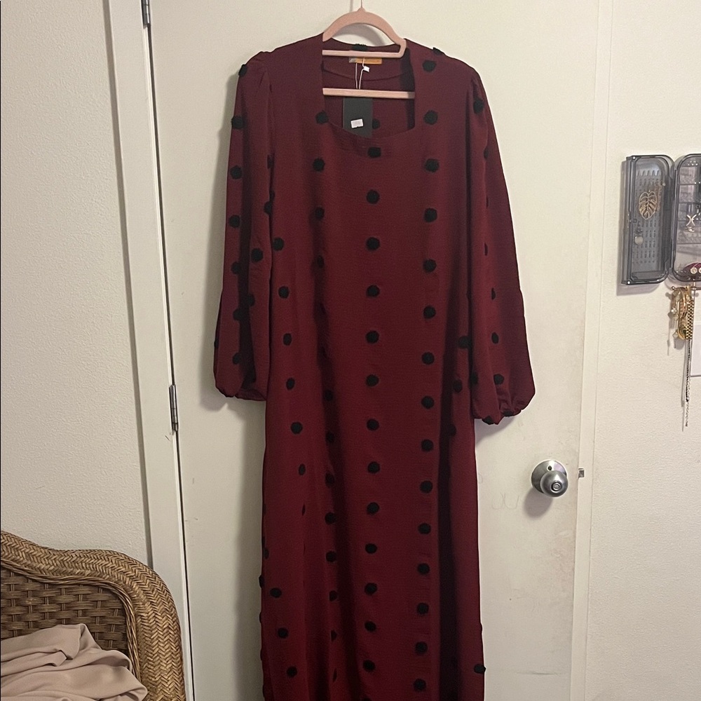 Elegant Burgundy Polka Dot Dress Abaya Muslim Modest wear Turkish Kaftan